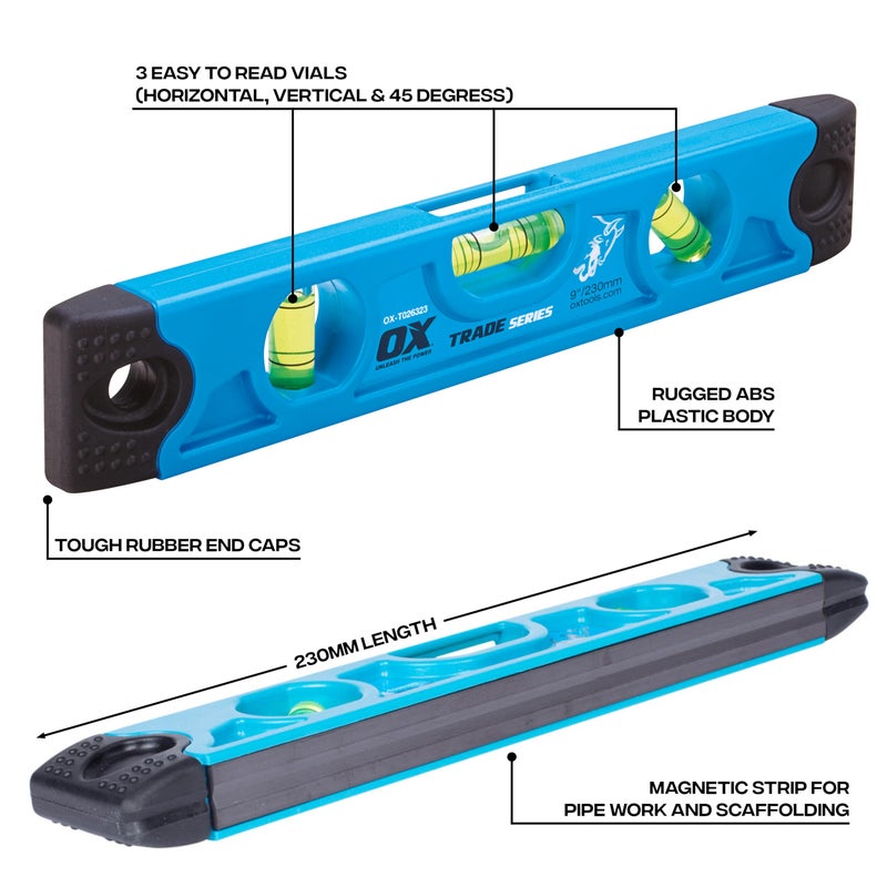 OX Tools Pro 9 inch Magnetic Torpedo Level - Adjustable 3-Vial Aluminum Level with V-Groove Base - PVC Shock Absorbing End Caps with Angle Finder Vial Hand Tools - OX-T026323 - Image 2